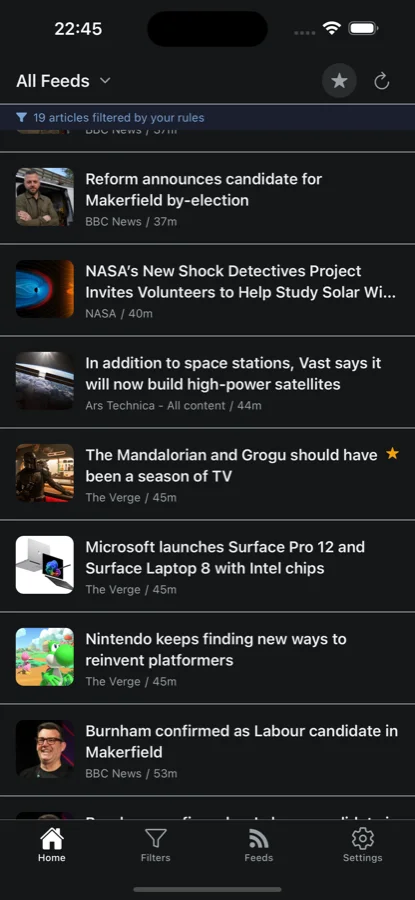 Filto's home screen showing 19 articles hidden by filters